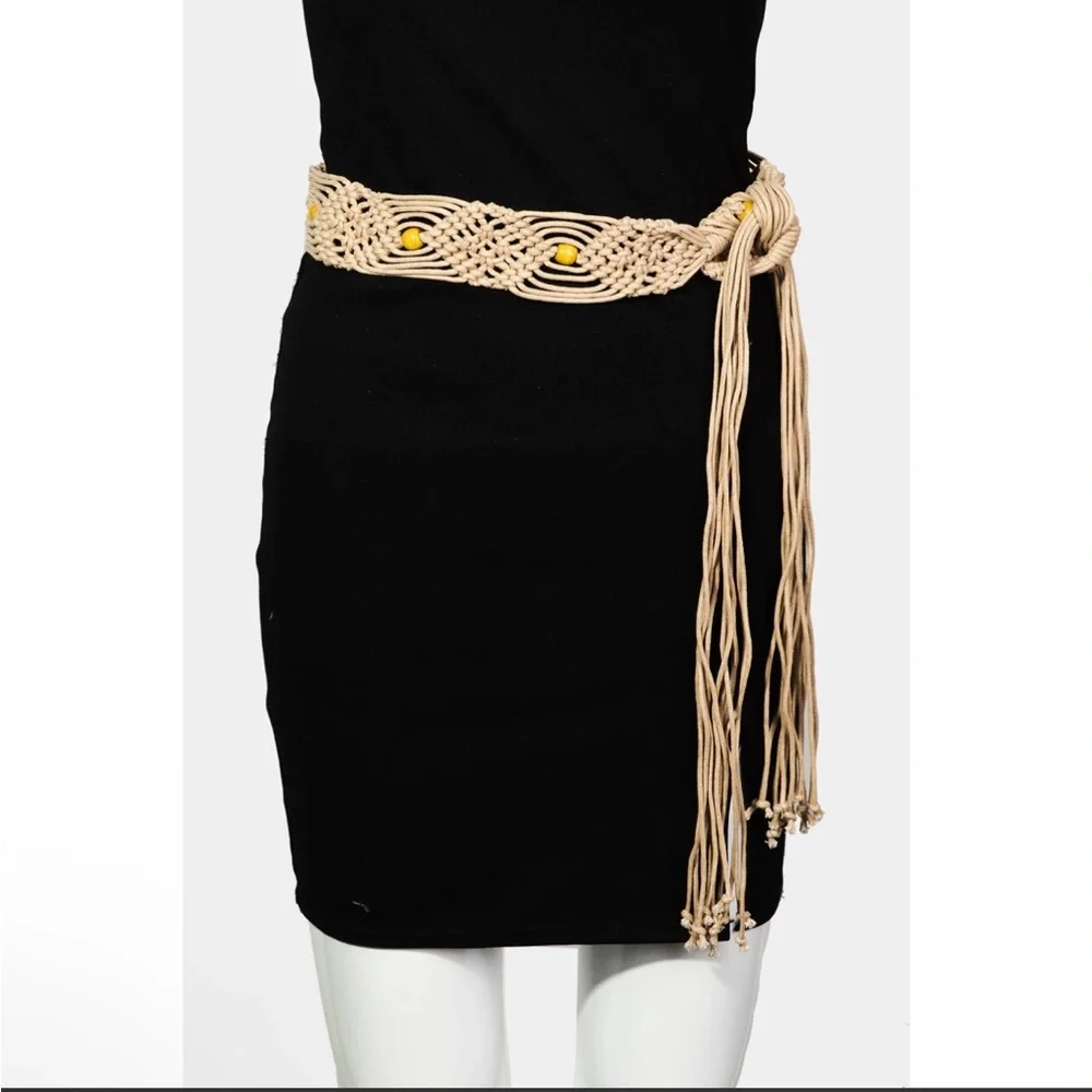 NWT Macrame Boho Woven Rattan Straw Rope Braid Waist Belt Khaki Tan